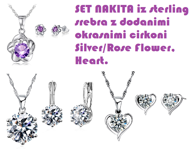 SET SREBRNEGA NAKITA (verižica + uhani) Silver/Rose Flower, Heart